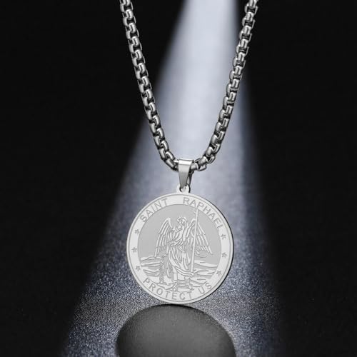 TEAMER Saint Raphael Necklace Archangel of Healing & Protection St. Raphael Pendant Necklace Amulet Religious Jewelry For Men Silver