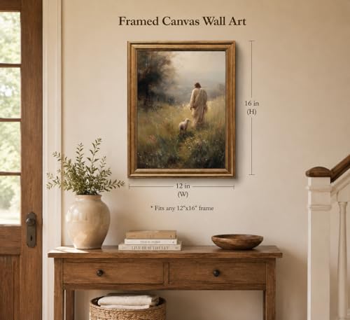 Gold Framed Jesus Wall Art Jesus With Lamb Wall Decor Christian Picture Flower 16"L x 24"W