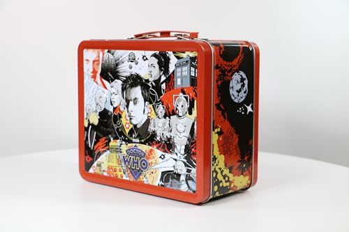 Surreal Entertainment Dr. Who Tenth Doctor Tin Titans lunchbox with beverage container, featuring Doctor Who-themed design and compartments.