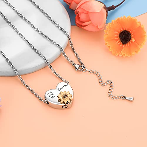 XIUDA Heart Ashes Necklace Urn Necklace with Sunflower You Are My Sunshine Cremation Necklace for Ashes Cremation Jewelry for Human Ashe Memorial Necklace with Flower Silver