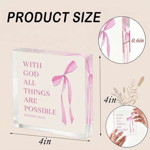 Pink Inspirational Decor Pray Over 4x4 Inch Matthew 19:26 Bible Verse Decor, Religious Inspirational Tabletop Ornament For Home Office Desk Accessories Gift For Women Believers Pink-1926