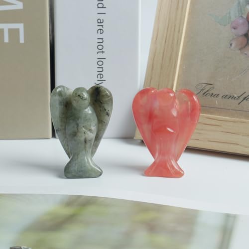 Mini Crystal Angel, 2 Pcs Pocket Carved Gemstone Guardian Figurines Healing Statue Home Decor 1.5 inch, Cherry Quartz+Moonstones Multi 15