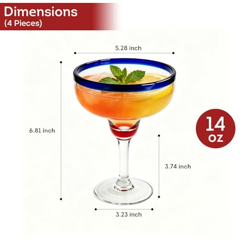 Lily's Home Unbreakable Margarita Glasses - 14 oz Shatterproof Plastic Set of 4 with Cobalt Blue Rims, Reusable Crystal Clear Stemware for Martini, Frozen Drinks, Pina Coladas & Cocktails Modern