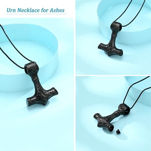 Thor Hammer Urn Necklace for Ashes Viking Cremation Jewelry for Women Men Stainless Steels Memorial Necklaces Ash Holder for Human Pets Keepsake Jewelry for Loved Ones with Fill Tool Black