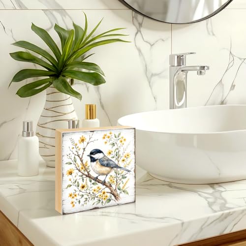 Chickadee Garden With Flowers Wood Block Plaque Box Sign 5.9 * 5.9 white076