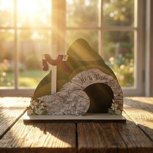 He is Risen Easter Nativity Set - Empty Tomb Decor with Stone Texture & Scripture Verse | Christian Easter Tabletop Display for Home, Church Altar | Religious Resurrection Decorations He is Risen