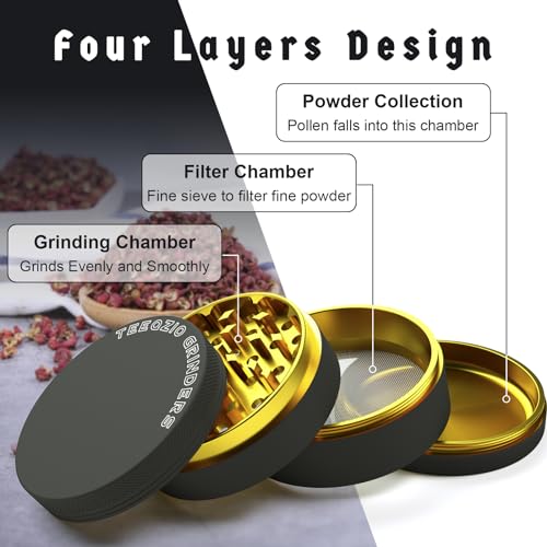 Herb Grinder Large Crusher Ø 75mm, Aluminum Alloy 4-Piece for Spice, Seasonings, Herb with Pollen Scraper & Brush (Black & Gold) Black - Ø75 - Al