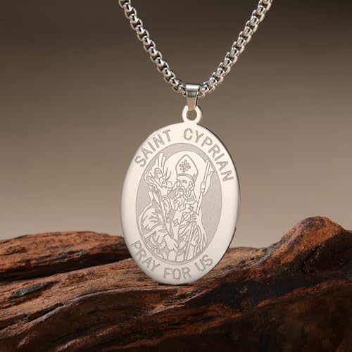 kkjoy Personalized Saint Cyprian PRAY FOR US Necklace Stainless Steel Oval Medal Pendant Protection Amulet Jewelry for Women Men Friends Couple Family Member Silver