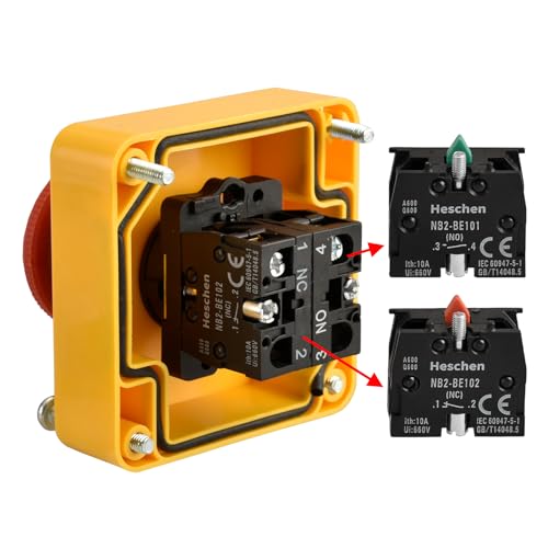 Heschen Red Sign 660V 10A 1NO 1NC Push Button Emergency Stop Switch with Box Twist Release IP65 Waterproof for Industrial Safety Control Drehentriegelung 1NO 1NC