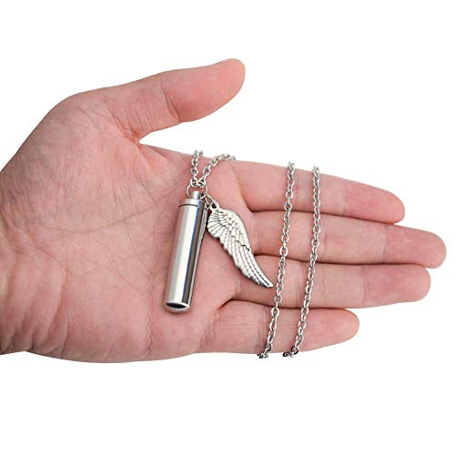 Unisex Cylinder Urn Necklace with Angel Wing Charm Stainless Steel Memorial Cremation Jewelry for Ashes Holder with charm