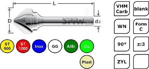 [Australia - AusPower] - SPPW Countersink Solid Carbide 90° Z:3 Form C L: 52 Diameter 8.3 