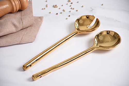 Pampa Bay Wood Look Titanium-Plated Porcelain Salad Server Set, 10.5 Inch, Gold/White/Wood Look