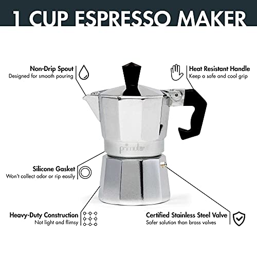 Primula Classic Stovetop Espresso and Coffee Maker, Moka Pot for Italian and Cuban Café Brewing, Greca Coffee Maker, Cafeteras, 1 Espresso Cup, Silver 1 Cup