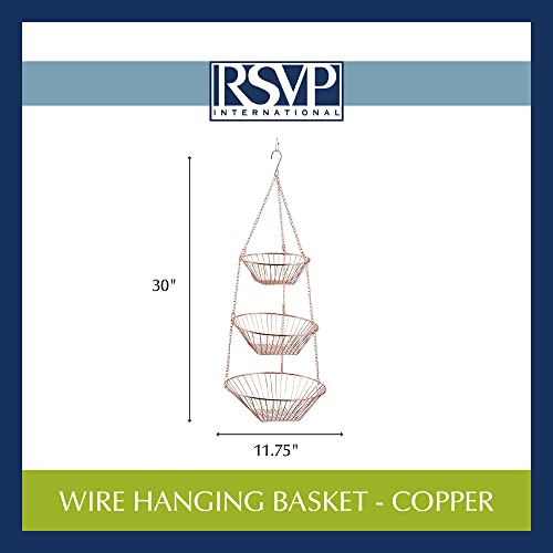 RSVP International hanging storage collection with three copper wire baskets on a metal frame for organizing and display.