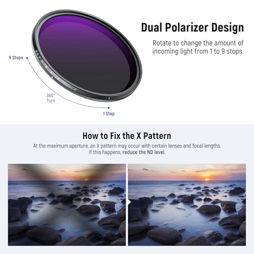 NEEWER 72mm Variable ND Filter ND2-400 (1-9 Stops) with 3X Cleaning Cloth, Adjustable Rotating Variable Neutral Density Camera Lens Filter with Multicoated Optical Glass for Exposure Balance