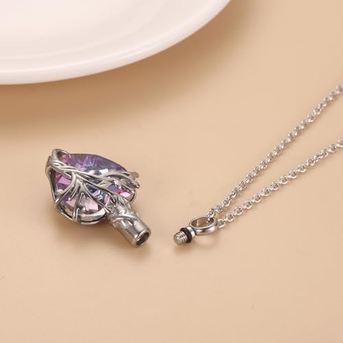 Crystal Heart Cremation Jewelry For Ashes Of Loved Ones Tree Of Life Urn Ashes Necklace For Women Stainless Steel Keepsake Memorial Pendant Purple