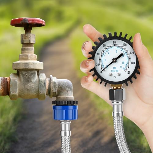 0-11 Bar/0-160 Psi Water Pressure Gauge, 2 Inch Dial Stainless Steel Water Supply Pressure Tester with Hose Connector, Plumbing Tool for Home and Garden Irrigation Systems 0-11 Bar 2"(with Hose) Lower Mount