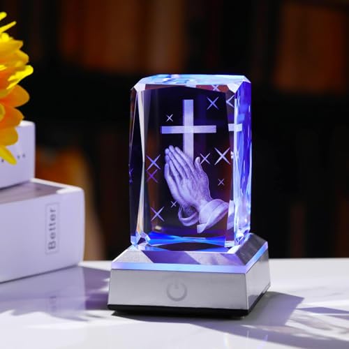YWHL 3D Crystal Cross Figurine, Praying Hands Religious Gifts for Women Cross in Hand