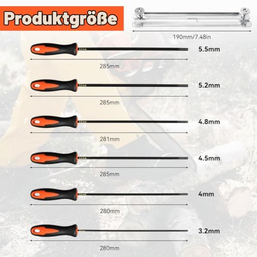 6 Sizes Round File Chainsaw, Chainsaw File Saw Chains Round File, File for Chainsaw 3.2 mm 4.0 mm 4.5 mm 4.8 mm 5.2 mm 5.5 mm Chainsaw File Set for Lawn Mowers, DIY and Professionals