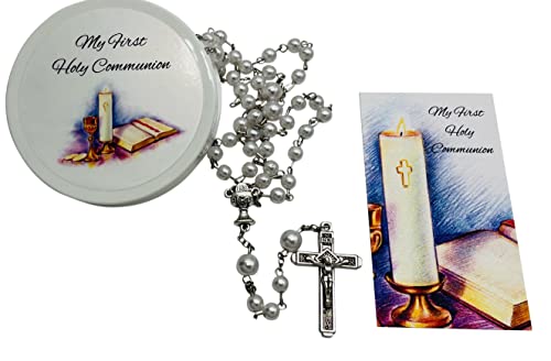 Westmon Works First Communion Rosary White Glass Bead with Metal Chalice Centerpiece and Crucifix Catholic Deluxe Set with Case for Male and Females