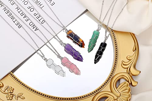 QINJIEJIE Crystal Necklace Healing Crystal Jewelry Reiki Spiritual Natural Quartz Stones Gemstone Hexagonal Point Wire Wrapped Necklaces for Women Men Mother's Day Gift W- Purple - Amethyst
