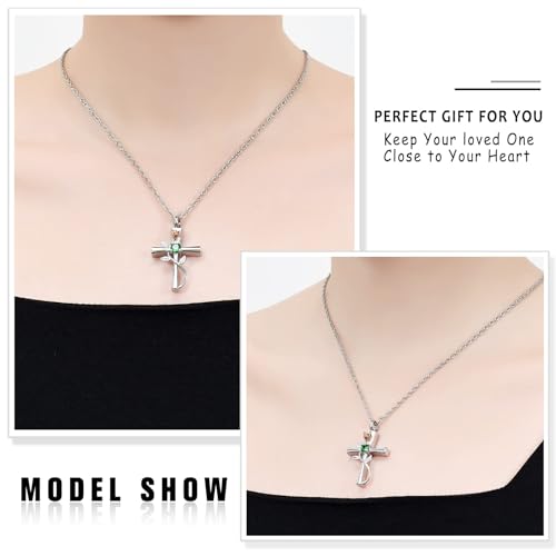 Cross Urn Necklace for Ashes Birthstone Rose Flower Cremation Jewelry for Women Gilrs Keepsake Memorial Ashes Pendant Silver-Green