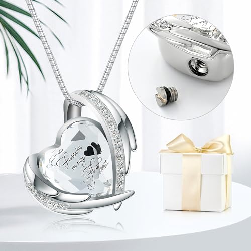Heart Urn Necklace for Ashes for Women Girl Cremation Jewelry with Crystals Memorial Lockets Urn Pendant for Human Ashes Forever in My Heart/Always in my heart Silver-White-Forever