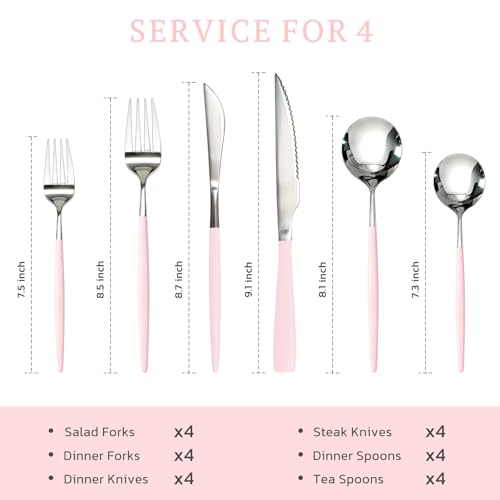 Astercook Silverware Set with Steak Knives 24-Piece Flatware Set for 4 Food-Grade Stainless Steel Pink Cutlery Set Mirror Polished Utensils Set Include Spoons and Forks for Home Kitchen Restaurant 24 PCS