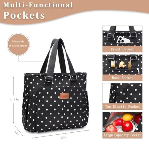 HSHRICH Insulated Lunch Bag Women - Large Tote Lunch Box For Work X-Large 17-White Dots