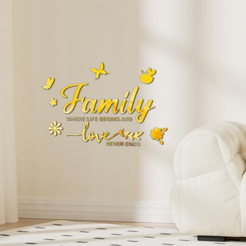 Family Where Life Begins and Love Never Ends Mirror Wall Decal, Spiritual Wall Stickers Peel and Stick Quote Sayings, Acrylic Inspirational Lettering Art Decor for Home Decoration, Gold