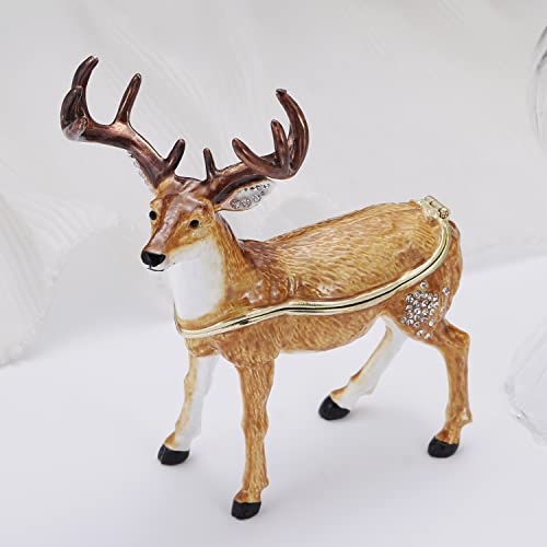 Hand Painted Enamel Christmas Reindeer Trinket Box, Hinged Jewelry Organizer Storage, Unique Home Decor Keepsake Collectible Figurine, Personalized Decoration Ornament Gifts (Brown Reindeer) Brown Reindeer