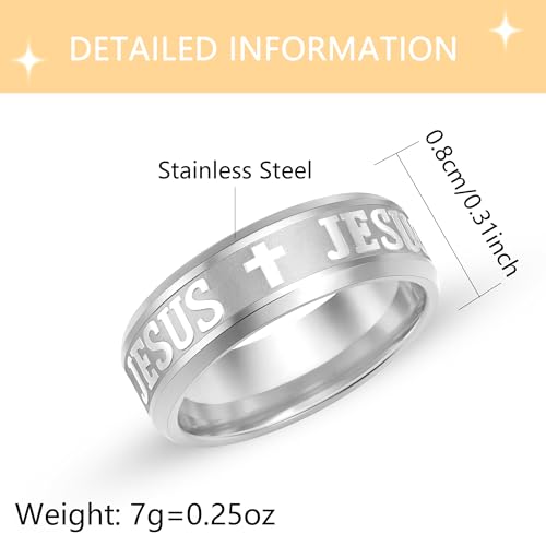 8MM Jesus Ring Faith Based Jewelry, Platinum Plated, Gold Plated, Black Plated Christian Wedding Band, Religious Statement Accessory Commitment Gift Mens YA6266 V 1/2 White