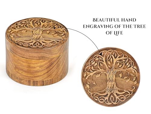 Small Wooden Urn for Human & Pet Ashes – Handcrafted Tree of Life Mini Memorial Keepsake – Decorative Round Cremation Urn for Dogs, Cats & Loved Ones Tree Design