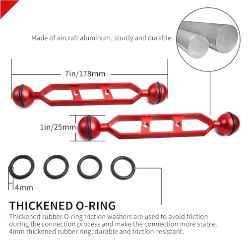 Red 7" Underwater Aluminum Alloy Extension Arm (2-Pack) - Dual Ball System with 1" Head Connector, Waterproof & Rustproof for Diving Camera Tray/Strobe/Video Light, Scuba Photography Gear 7" Extension Arm Red