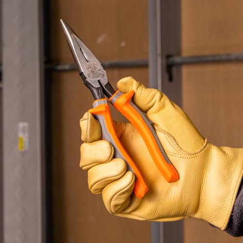 Klein Tools 2038RINS insulated long nose side-cutting pliers, 8-inch electrician pliers with red handles