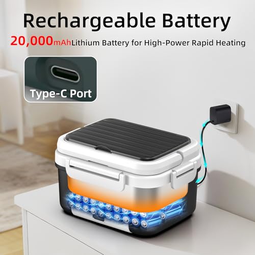 XL 6.3-Cups Cordless Electric Heated Lunch Box for Adults, 20000mAh Rechargeable Battery Powered Smart Self Heating Lunchbox for Men Women, 100W Food Warmer for Trucks Driver Travel Office Worker AA