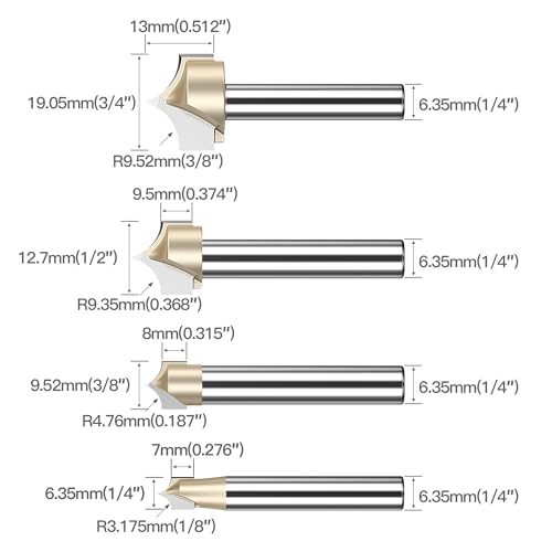 HUHAO 4-piece groove point cutting roundover router bit set with 1/4-inch shanks for edge treatment and grooving