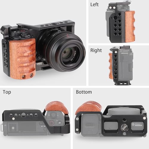 Leftfoto Upgrade Metal Cage with Wood Handle for Sony Alpha ZV-E10 Video Shooting Accessories, Cold Shoe Mic/Light Extension Video Cage Filming Vlog Camera Kit