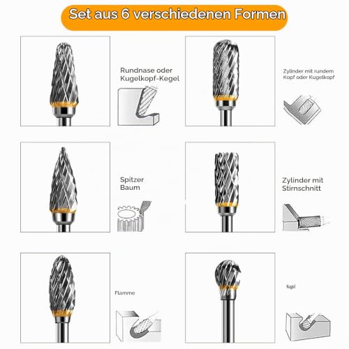 SoundZero 6 Piece Carbide Router Bit Set Double Cut Burr 1/8" | Carbide Rotary Cutter Set End Mill with Shank, for Grinder, Carving, Metal Polishing, Engraving, Drilling