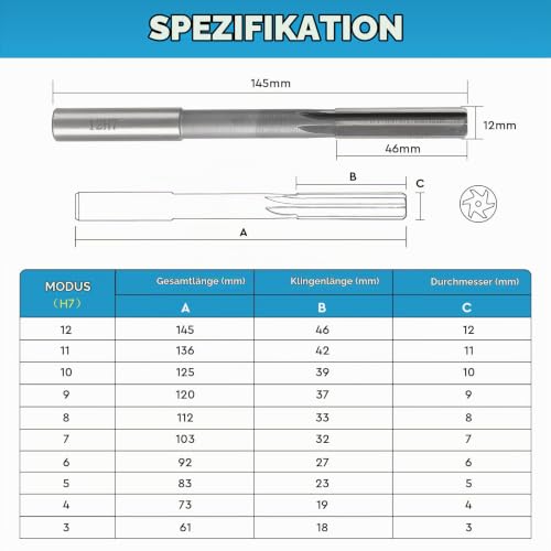 Swawis 10 pieces H7 3-12 mm straight shaft HSS reamer set | Machine reamer for wood and metalworking to improve accuracy in drilling processing H7 3-12 Mm, 10 Pieces