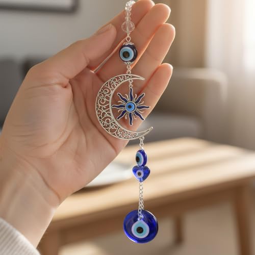 Blue Evil Eye Moon Crystal Hanging Ornament - Protection Amulet for Home, Car & Window Decor - Spiritual Gift