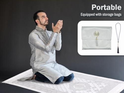 Muslim Prayer Rug and Beads with Elegant Slub Fabric Bag, Islamic Prayer Mat, Ramadan Prayer Blanket, 110 * 70CM, Grey