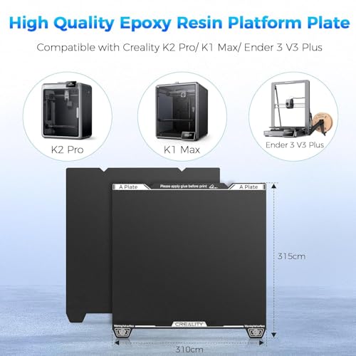 Creality K1 Max Epoxy Resin Build Plate, 315×310mm K2 Pro Spring Steel Bed Plate, Wear Resistance Flexible Print Platform for Creality Ender 3 V3 Plus 3D Printer, Excellent Adhesion, High Flatness Epoxy resin single-sided K1 Max/K2 Pro/Ender-3 V3 Plus