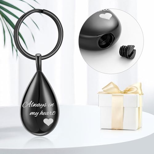 Cremation Keychain for Ashes Always In My Heart Urn Locket Cremation Jewelry Teardrop Memorial Keepsake Keychain Black