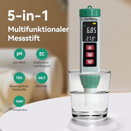 PH Meter, 5 in 1 pH/TDS/EC/Salinity/Thermometer, High Precision Swimming Pool pH Tester with Backlit LED Display and Temperature Compensation for Drinking Water/Pool
