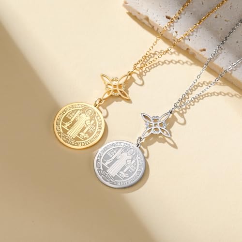 TEAMER Saint Benedict Witch Knot Pendant Necklace Double Protection St. Benedict Necklace Jesus Cross Religious Catholic Amulet Jewelry Silver No Chain