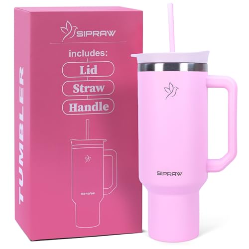 40oz Tumbler with Handle and Straw Insulated Stainless Steel Travel Mug Vacuum Double Wall Coffee Cup Leak Resistant Lid BPA-Free Cup Holder Friendly for Hot & Cold Drinks, Pink 40 Ounces