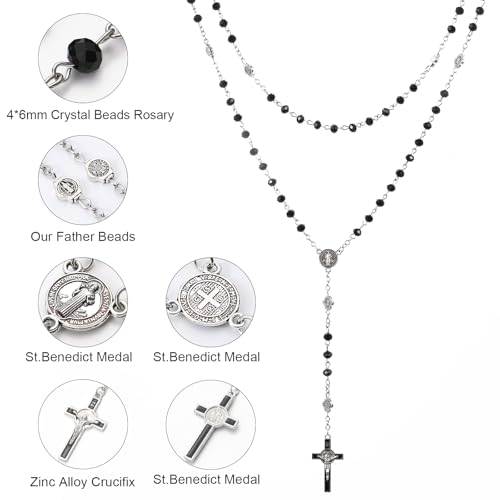 SZQCZB Rosary Beads Catholic for Men and Women, St.Benedict Center Piece and Crucifix, Black Cystal Rosary Beads with Saint Benedict Miraculous Gift Box and 18pcs Prayer Cards