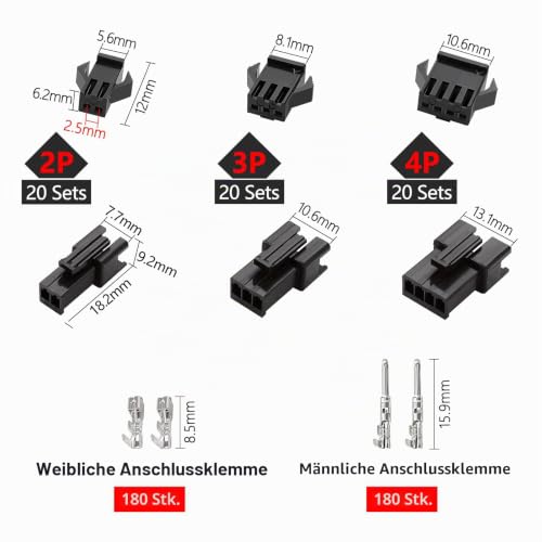 YIXISI 480 Pieces 2.5 mm 2/3/4-Pin JST-SM Connector Kit, JST SM Male and Female Crimp Terminal Housing Plug Kit 2/3/4 Pin - 480pcs