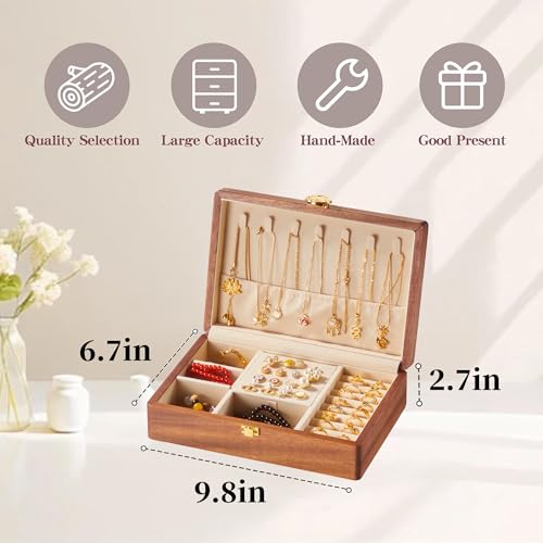 Jewelry Box Walnut Small Wooden Jewelry Organizers Case for Women Nut-Brown Print A